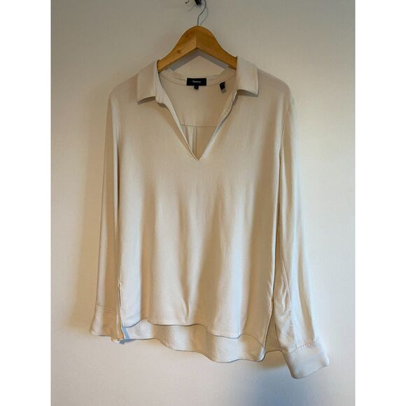 Theory Spread Collar Cotton Blend Popover Top in Cream Size Medium - Picture 3 of 6